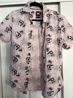 WXTZ Pink Skull Print Short-Sleeve Button-Down Shirt